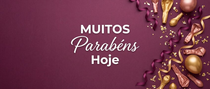 Portuguese happy birthday parabens background with gold and rose gold balloons, elegant burgundy copy space, festive confetti and ribbon flat lay design for luxury celebration greeting card templates