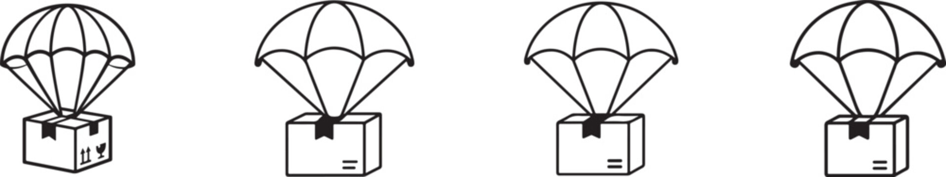 Parachute cargo delivery icon set for aviation transport, logistics, shipping, and supply services.