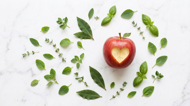 Red apple with a heart shape cutout surrounded by green herbs perfect for healthy diet nutrition wellness love and organic food concepts