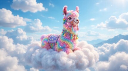 Fototapeta premium Cute colorful rainbow llama sitting on a fluffy cloud in the blue sky
