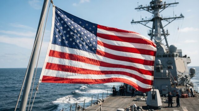 American flag waving on a Navy warship at sea