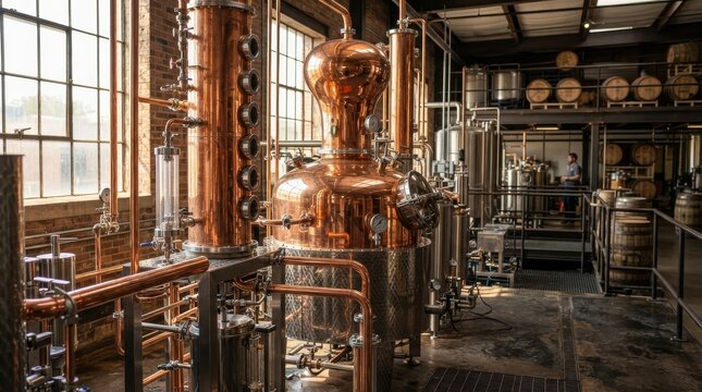 Industrial distillery interior with large copper stills and aging barrels