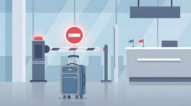 Airport barrier blocks a suitcase beneath a red no-entry symbol at a terminal checkpoint, representing restricted access, travel disruption, security controls, entry denial, and baggage screening.