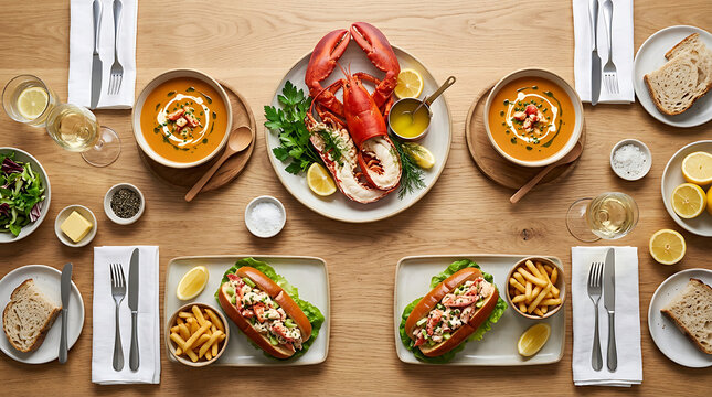 Flat lay of a gourmet lobster feast with bisque, lobster rolls, and fresh bread on a wooden dining table
