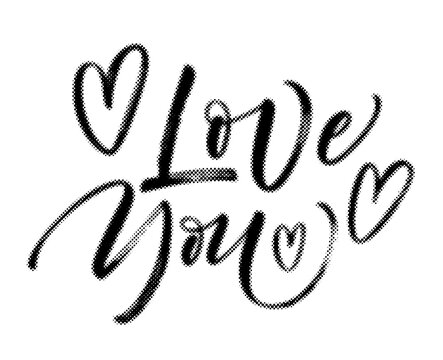 Handwritten calligraphy love you quote with decorative heart shapes and halftone textured effect transparent background