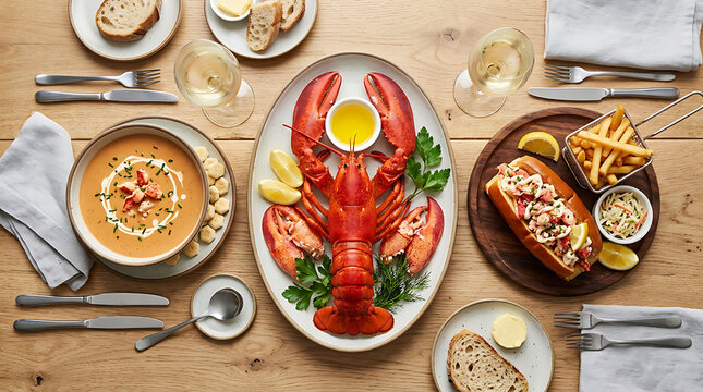 Fresh whole cooked lobster served with lobster bisque and a lobster roll on a wooden table