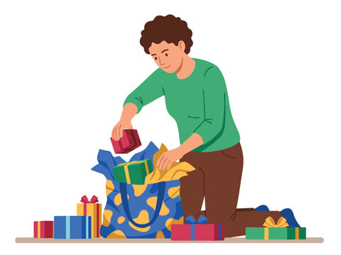 Person putting wrapped gifts into a large gift bag surrounded by other colorful presents, preparing for a festive celebration or special occasion.
