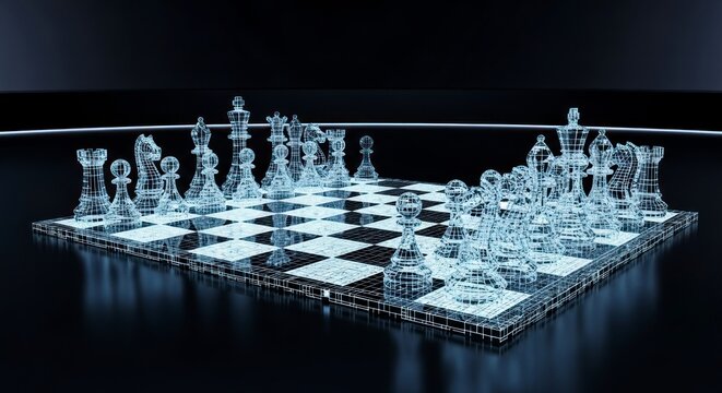 Cybernetic Chess Match: Glowing Wireframe Pieces on a Reflective Digital Board