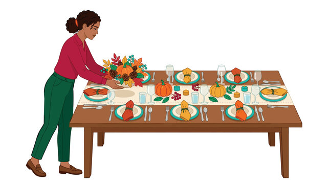 African American woman setting a festive autumn dining table with a beautiful fall centerpiece, pumpkins, and elegant place settings for a holiday meal.