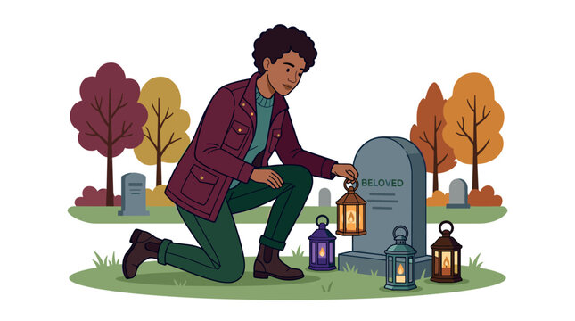 Woman kneeling at grave placing lanterns, remembering a beloved person with respect and sorrow during an autumn memorial service in a peaceful cemetery.