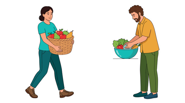 Woman carrying fruit basket, man preparing vegetables, illustrating a healthy lifestyle and fresh food choices for a balanced diet.