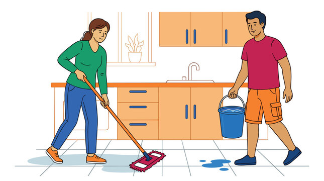 Man and woman are cleaning their kitchen floor with a mop and bucket, diligently performing household chores as a cooperative team.