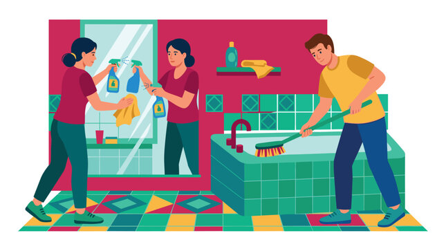 Two people cleaning bathroom together, diligently scrubbing mirror and bathtub surfaces to maintain a sparkling and hygienic home environment.