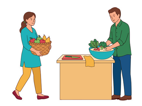 Two people preparing healthy food together in kitchen, symbolizing a healthy lifestyle, teamwork, and shared domestic responsibilities.