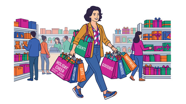 Woman carrying many colorful shopping bags happily walking through a busy retail store filled with holiday gifts and cheerful shoppers.