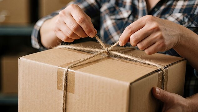Hands tying rope on cardboard box for shipping, close-up, logistics and e-commerce packaging concept