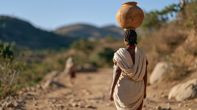 Ethiopian woman carrying a single clay water vessel on her head along a dirt path, essential daily task, purposeful movement, rural lifestyle, subsistence living, dignified labor,