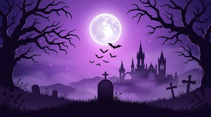 Fototapeta premium Halloween night background with spooky castle graveyard and full moon under purple sky