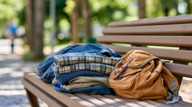 Homeless man's worn backpack and belongings arranged neatly on a bench, faceless still life, minimalism and poverty concept, natural light photography, defocused park background,