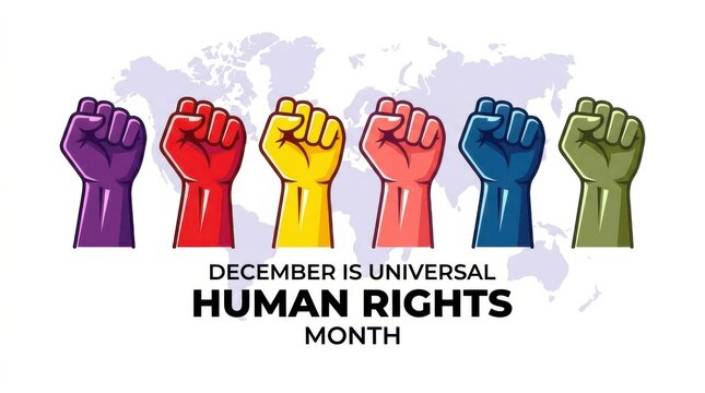 Raised fists illustration in rainbow colors representing human rights month diversity and equality concept art.