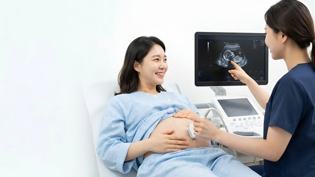 Pregnant Woman Smiling During Ultrasound Exam with Nurse in Bright Clinic Photo