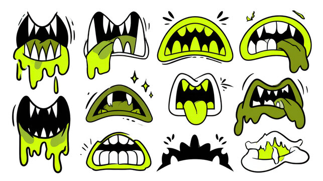 Collection of twelve cartoon monster mouth designs with slime on transparent