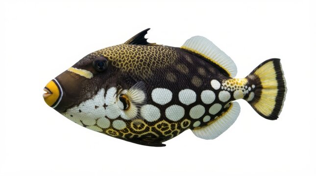 Clown triggerfish with distinctive circular patterns and yellow lips