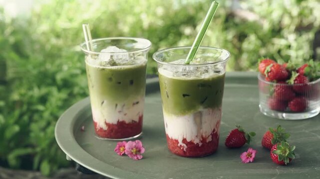 Woman places a glass of layered strawberry matcha latte on an outdoor table. Refreshing iced matcha drink with fresh strawberries in a lush green summer garden setting