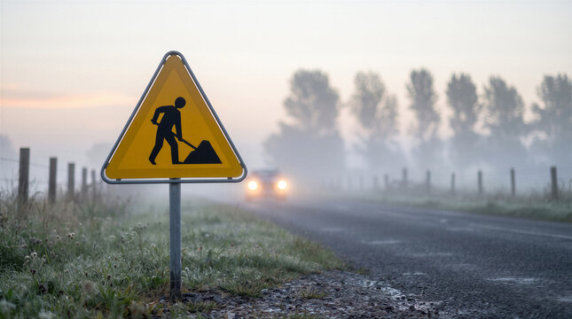 Road works warning sign on a foggy rural road with a car approaching in the distance