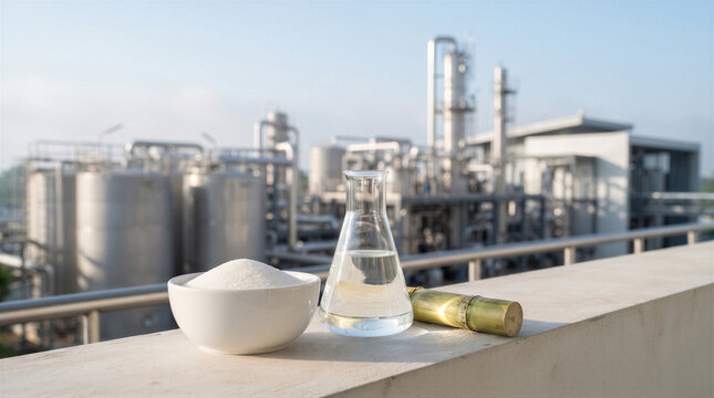 Sugar production concept with a bowl of sugar, a flask of liquid, and sugarcane stalk in front of a sugar refinery plant