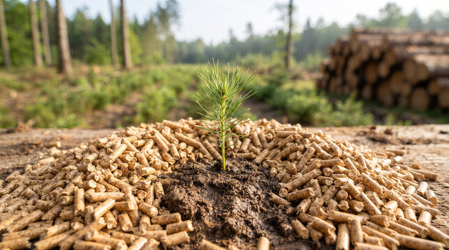 A small pine sapling growing out of a pile of wood pellets in a forest clearing with stacked logs in the background