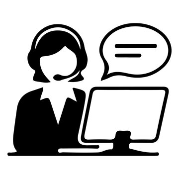 Black call center agent icon with headset and computer for customer assistance.