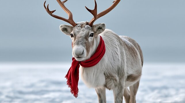 Funny reindeer wearing a tiny red scarf on a snowy path, looking proud, whimsical winter animal photo