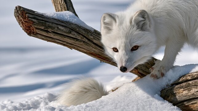 Funny arctic fox pouncing into the snow with only its tail visible, humorous winter animal photo
