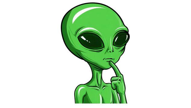 Green alien character thinking with hand on chin isolated on transparent