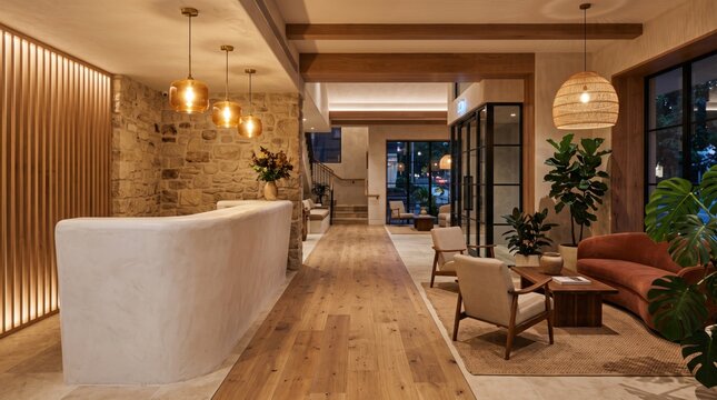 Luxury hotel lobby reception with stone wall and warm ambient lighting for travel and tourism marketing assets.