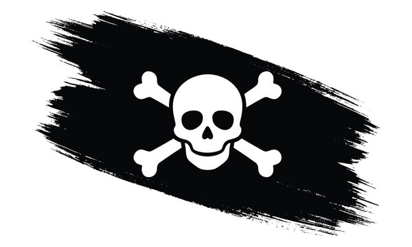 Grunge pirate flag with skull and crossbones on black paint brush stroke for Halloween, danger warning, and toxic hazard symbol design.