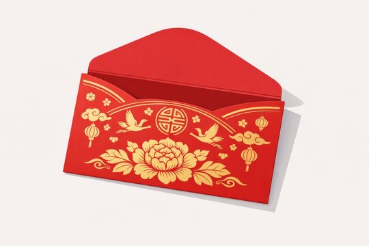 Red chinese lucky envelope with gold floral peony and lantern motifs for lunar new year greeting card and gift design