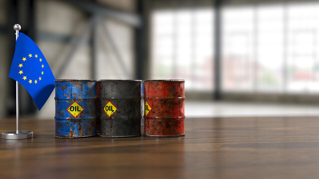 European union flag and rusty oil barrels symbolizing energy crisis and geopolitical challenges.