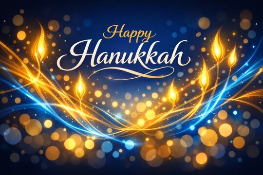 Elegant blue and gold happy hanukkah background with glowing lights and menorah flame swirls for holiday greeting card and festive banner