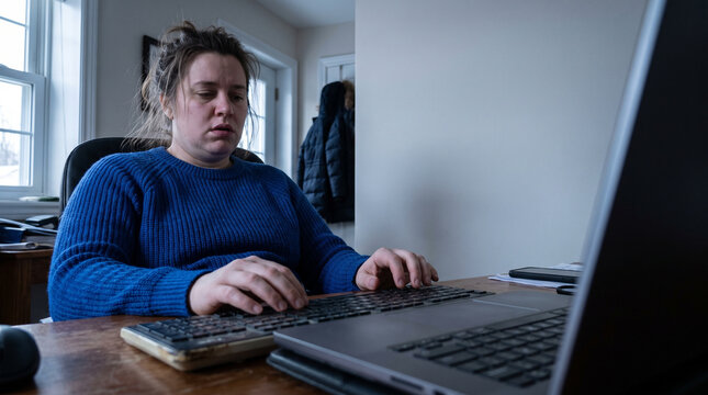 Young woman working at home on a computer with a focused expression  