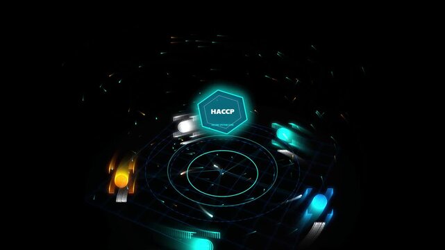 Futuristic digital interface with a glowing hexagonal haccp icon and abstract data streams on a dark background
