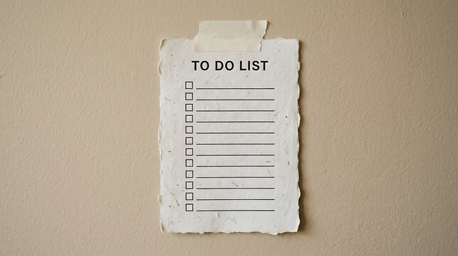 To do list on a torn piece of paper stuck to a brown cardboard surface