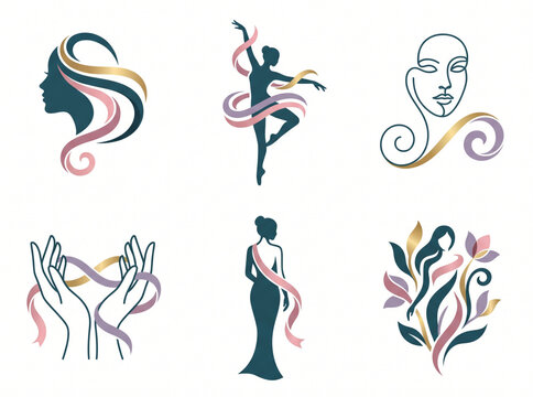 Feminine beauty and grace set. Elegant woman silhouette icon collection