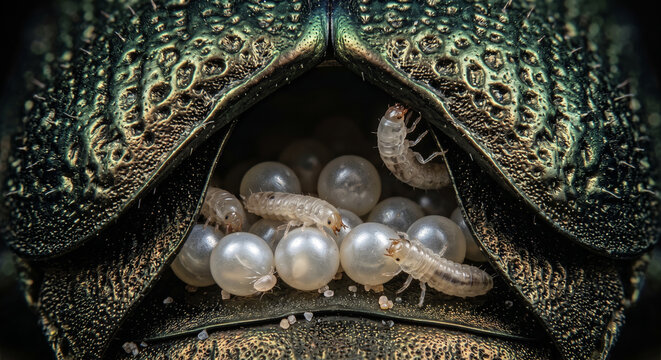 Extreme macro view of tiny larvae and pearl-like eggs sheltered inside a textured metallic insect carapace