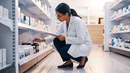 Pharmacist checking medicine inventory on a shelf in a modern pharmacy © Food Shop