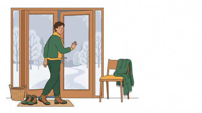 Man hesitating to go outside in winter with snow-covered landscape  