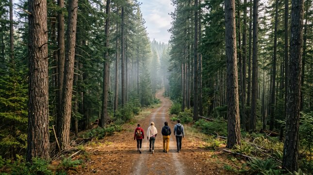 Four hikers walking along a dirt trail through a dense conifer forest. Forest path winding into mist. Hiking and outdoor adventure. Wilderness exploration and nature retreat.