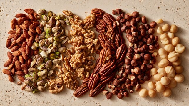 An autumn baking ingredients flat lay featuring roasted almonds, pistachios, walnuts, pecans, hazelnuts, and macadamia nuts arranged in separate curved formations across a pale sandstone surface