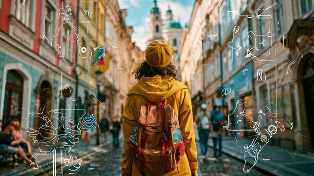 Modern tourism advertisement showing a traveler exploring historic streets, colorful buildings, map graphics and travel icons, bright cinematic style, photorealistic.